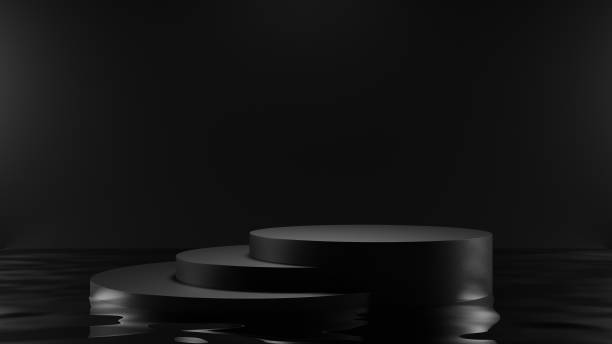 istock Black pedestal on water surface, dark scene empty podium display, 3d blank platform product showcase, 3d rendering 1421058918
