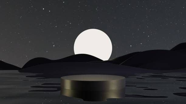 istock minimal black pedestal on water, empty podium stand display, 3D blank platform for product showcase. 3d rendering 1421059056