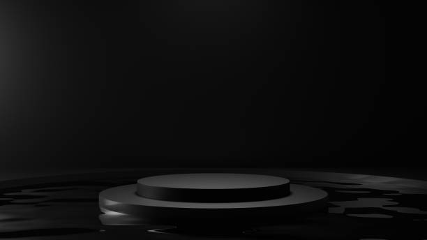 istock Black pedestal on water surface, dark scene empty podium display, 3d blank platform product showcase, 3d rendering 1421059452
