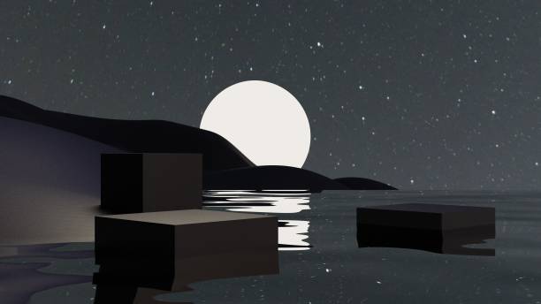 istock minimal black pedestal on water, empty podium stand display, 3D blank platform for product showcase. 3d rendering 1421059455