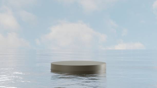 istock natural empty podium on water, grey pedestal for product showcase, empty platform display, 3D Rendering 1421059548