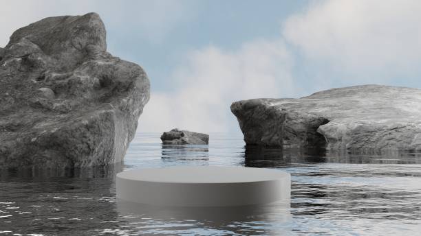 istock natural podium display on water with rocks, empty minimal pedestal for product showcase, 3D Rendering 1421059628