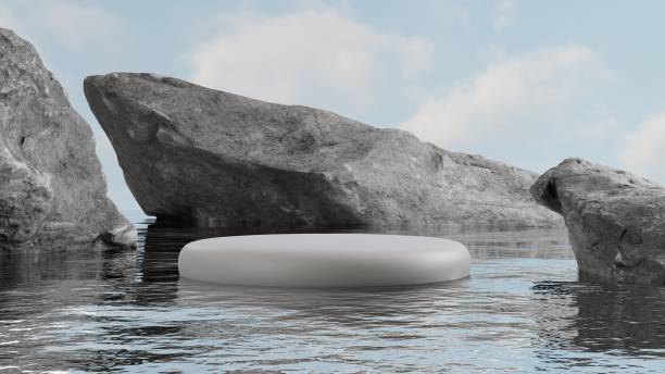 istock natural podium display on water with rocks, empty minimal pedestal for product showcase, 3D Rendering 1421059634