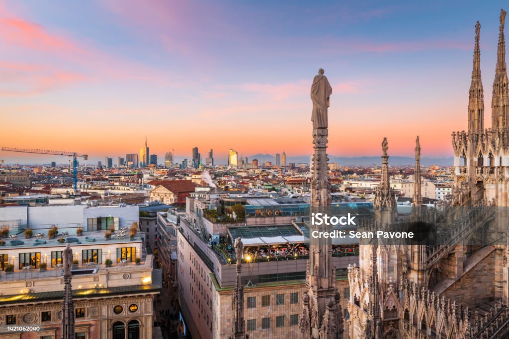 Milan, Italy City Skyline Milan, Italy city skyline from above in the evening. Milan Stock Photo