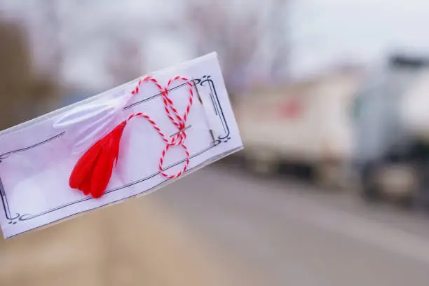 Photo of Martisor is a folklore symbol. Background with selective focus and copy space