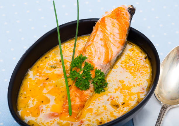 istock Norwegian salmon creamy soup 1421064588