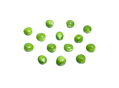 Fresh green peas isolated on white background. Pile of green wet pea cut out.
