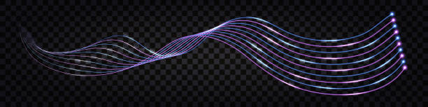 istock Fiber optic  wave swirl, neon glowing light effect, purple and blue impulse twirl lines, flash thunder bolt, electric signal, technology design element. Vector illustration 1421066597