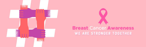 Breast Cancer pink woman hand hashtag banner Breast Cancer Awareness web banner illustration of diverse women hands making heashtag symbol and pink ribbon quote for october 19 social media event campaign. breast cancer symbol for facebook stock illustrations