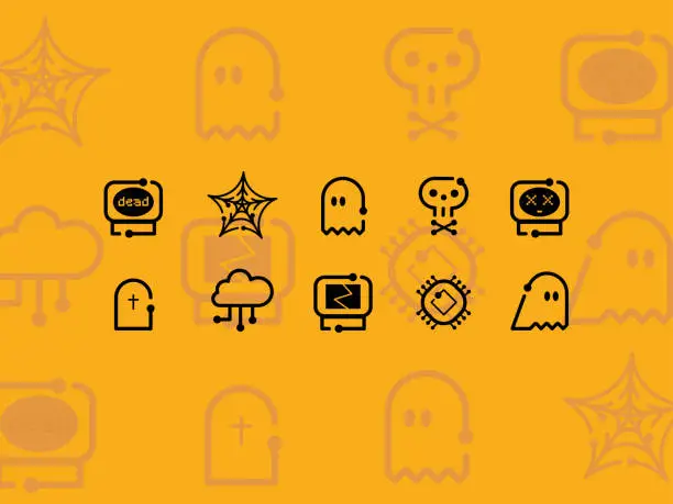 Vector illustration of Techy Halloween Icons - Stay CyberSecure! - Cybersecurity IT Glyps for Halloween - Spooky October Events Line Art Icon Set - Fun Cute Halloween Icon Pack of 10