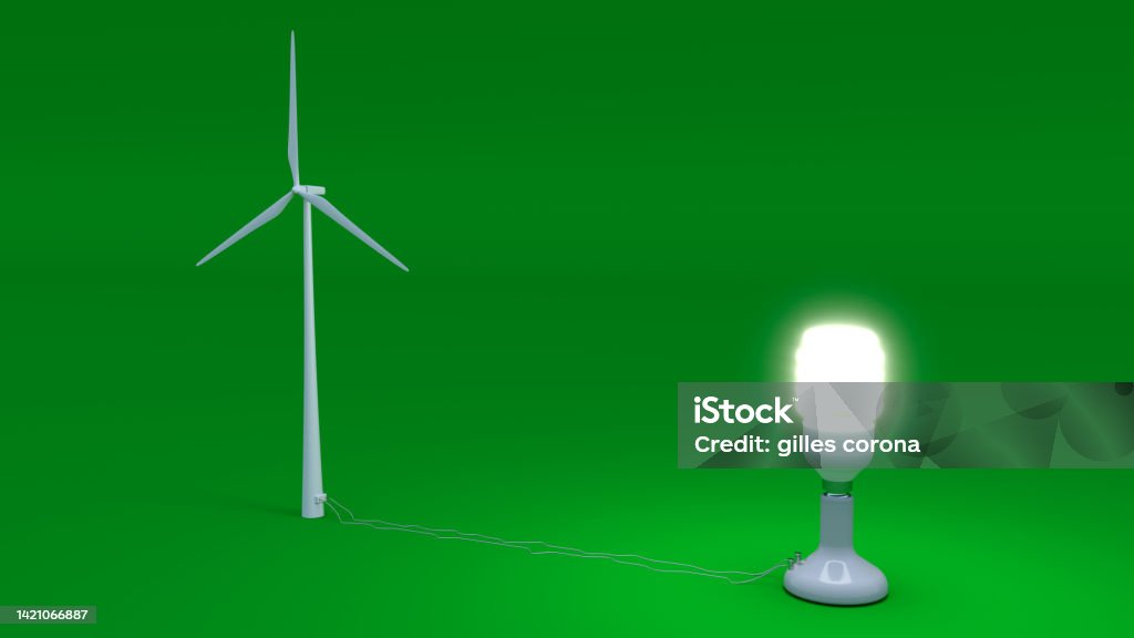 Éolienne A model representing a wind turbine that supplies electricity to a neon or fluorescent bulb. To illustrate green energy and denounce the climate emergency. Clean Stock Photo
