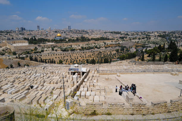 Jerusalem, Israel - August 12, 2022: View of al Aqsa Mosque , Temple Mount, Dome of Rock and old city of Jerusalem from the Jewish cemetery in Mount of Olives in Israel Palestine
