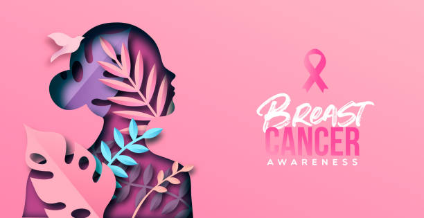유방암 인식 핑크 종이 컷 소녀 배너 - beast cancer awareness month stock illustrations