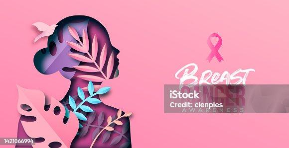 istock Breast Cancer awareness pink paper cut girl banner 1421066994