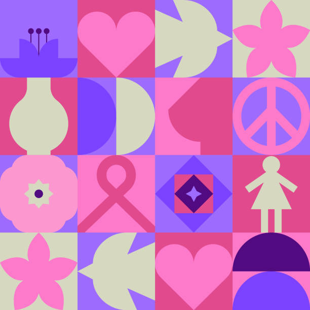 Breast cancer pink mosaic icon seamless pattern Breast Cancer Awareness seamless pattern illustration. Modern pink geometric icon mosaic background for october support campaign. Includes ribbon, flower and peace dove bird symbol. beast cancer awareness month stock illustrations