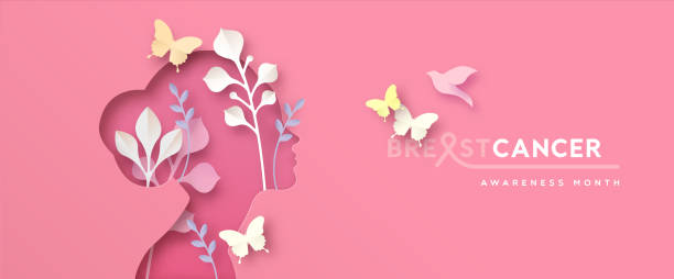 ilustraciones, imágenes clip art, dibujos animados e iconos de stock de concientización sobre el cáncer de mama papel rosa corte chica banner - belleza de la naturaleza