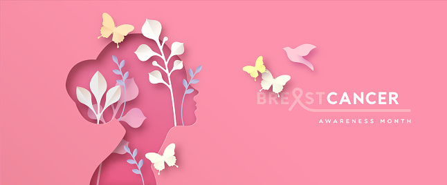 Breast Cancer Awareness Month greeting card illustration. Woman face in modern papercut style with spring nature and pink butterfly cutout. Disease prevention campaign or women health care concept.