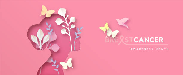 Breast Cancer awareness pink paper cut girl banner Breast Cancer Awareness Month greeting card illustration. Woman face in modern papercut style with spring nature and pink butterfly cutout. Disease prevention campaign or women health care concept. breast cancer awareness stock illustrations