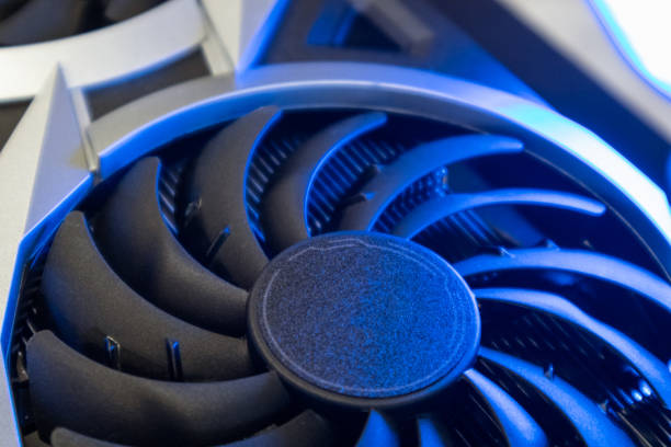 istock Cooler fan, Gpu graphics card close in blue light 1421067424