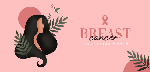 ilustraciones, imágenes clip art, dibujos animados e iconos de stock de concientización sobre el cáncer de mama en la cara de la mujer de hoja tropical - beast cancer awareness month