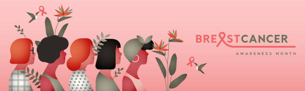 Breast cancer awareness diverse girl team banner Breast Cancer awareness month web banner illustration. Diverse young woman group together with tropical flower plant leaf and bird. Modern minimalist style design for october disease prevention event. beast cancer awareness month stock illustrations