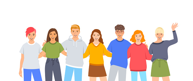 Young people stand together. Friendly diverse college students hug each other. Students community. Group of happy smiling boys and girls isolated on white. Flat cartoon illustration