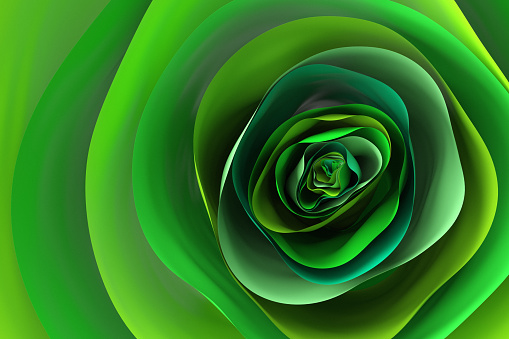 Full frame of abstract circular layers shape with different shades of green, representing circular economy and regenerative energy, CGI.