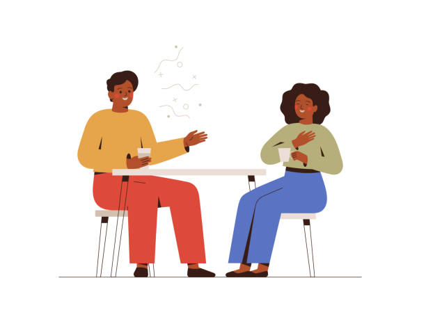 ilustrações de stock, clip art, desenhos animados e ícones de young couple sit at cafe table and talking or chatting. black man and woman on romantic date or friendly meeting. - gossip couple love concepts