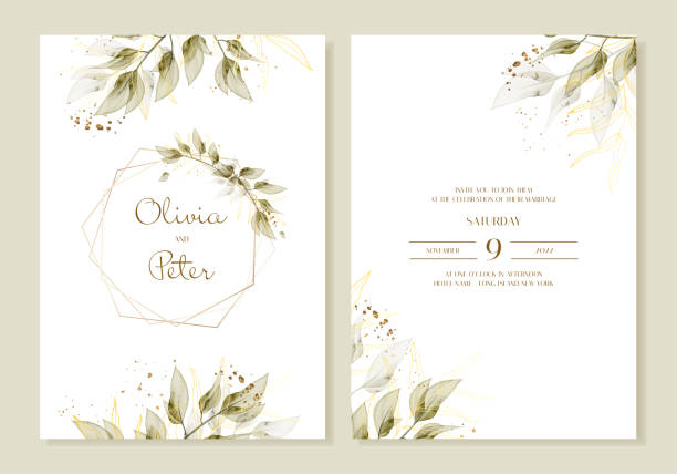 illustrations, cliparts, dessins animés et icônes de élégante invitation de mariage avec feuilles vertes aquarelles dans un style rustique. vecteur - cérémonie de mariage