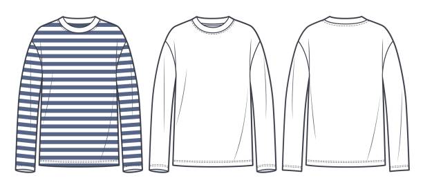 Long Sleeve Shirt fashion flat tehnical drawing template. Unisex T-Shirt fashion template, crew neck, long sleeve, front and back view,  stripe design, white, blue, women, men, CAD mockup set. Long Sleeve Shirt fashion flat tehnical drawing template. Unisex T-Shirt fashion template, crew neck, long sleeve, front and back view,  stripe design, white, blue, women, men, CAD mockup set. tehnical stock illustrations