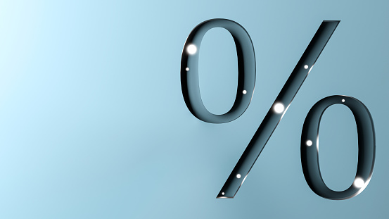 The percentage sign with glowing balls inside with space for copy space, paste text.Finance, mortgage rates, discount, tax.3D render.