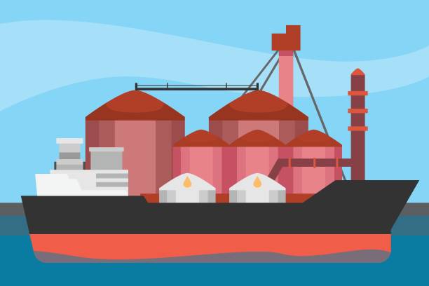 illustrations, cliparts, dessins animés et icônes de soutage de navires de méthaniers dans le vecteur 2d du terminal gnl - isometric natural gas tanker shipping