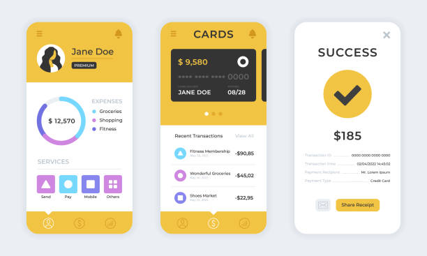 ilustraciones, imágenes clip art, dibujos animados e iconos de stock de aplicación bancaria. aplicación móvil, interfaz de usuario del banco. aplicación de banca en línea para teléfono móvil, servicio financiero, concepto de pago en línea. maqueta, maquetación, kit ux. conjunto de plantillas de pantalla de la aplicaci - cuenta-de-banco