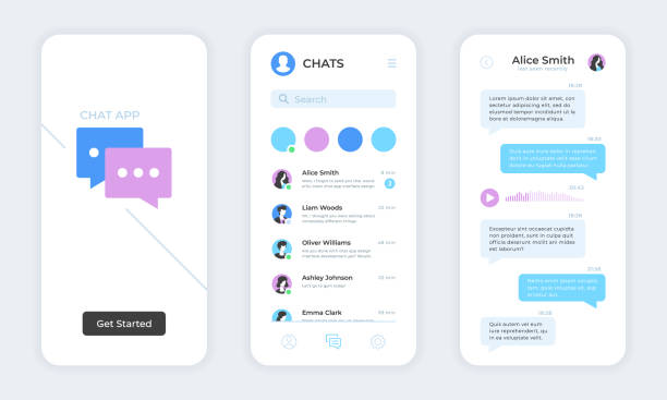 Chat app. Text messaging mobile application UI. Online messaging, live chat app mockup, templates set. Mobile app layout, ux kit. Vector concept vector art illustration