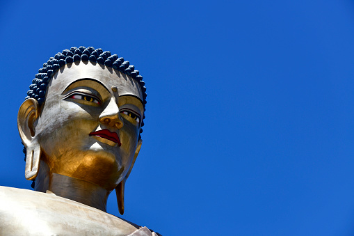 Thimphu, Bhutan: Great Buddha Dordenma - face and blue sky copy space - head detail of gigantic Shakyamuni Buddha, one of the largest Buddha rupas in the world, made of bronze and gilded in gold - the circle above the nose is 'wisdom eye' which is also called the 'third eye' - Kuenselphodrang area.