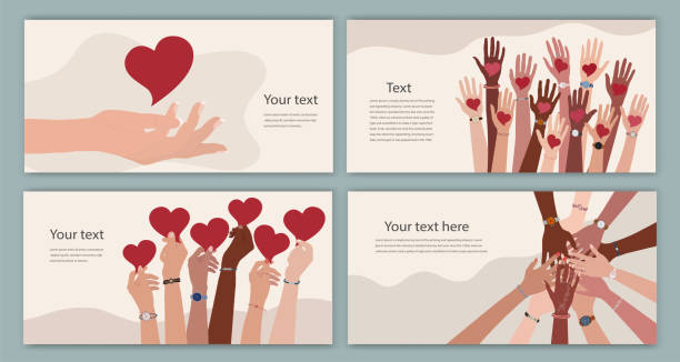 Banner with group of volunteer diversity people - editable poster template. Hand up holding a heart in their hand. Charity solidarity donation. Community. Hands in a circle.NGO. Web page vector art illustration