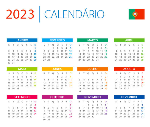 kalendarz 2023 portugalia - kolorowa ilustracja wektorowa. portugalska wersja językowa. - portuguese language stock illustrations