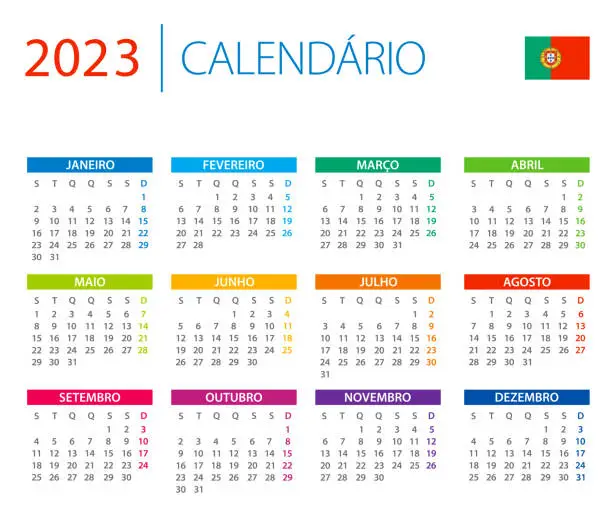 Vector illustration of Calendar 2023 Portugal - color vector illustration. Portuguese language version.