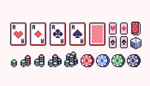 Cards, chips and dice pixel art set. Poker game. Casino, gambling elements collection. 8 bit sprite. Game development, mobile app.  Isolated vector illustration. blackjack illustrations stock illustrations