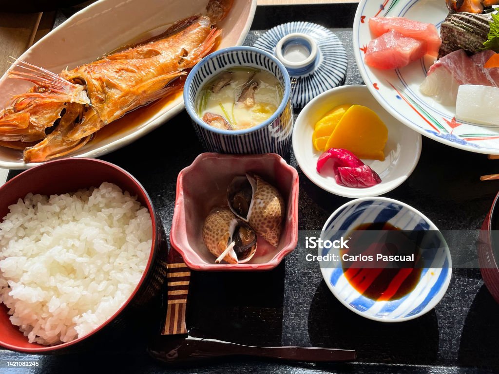 Traditional japanese meal with sushi and other seafood with rice in Ine town Asia Stock Photo
