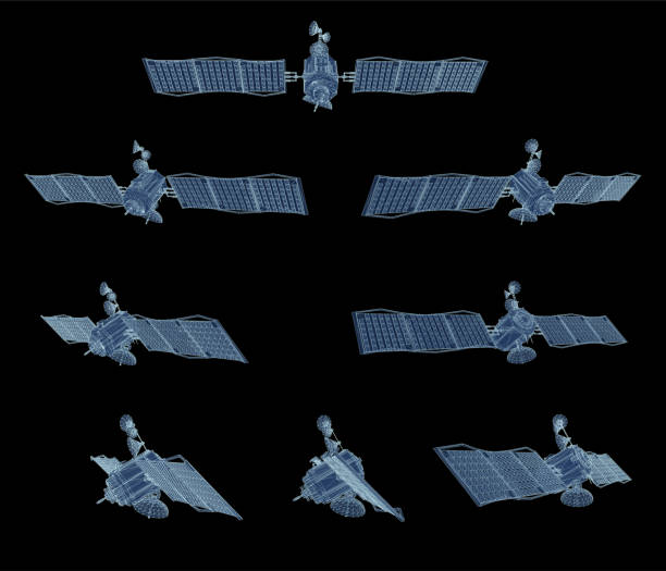 vector set. communications satellite of near-earth orbit. space technology of the future. vector art illustration
