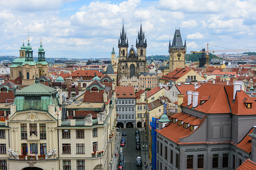 PRAGUE - JULY 9, 2022: Views of the classical and vibrant city of Prague in the Czech Republic from the Klementinum