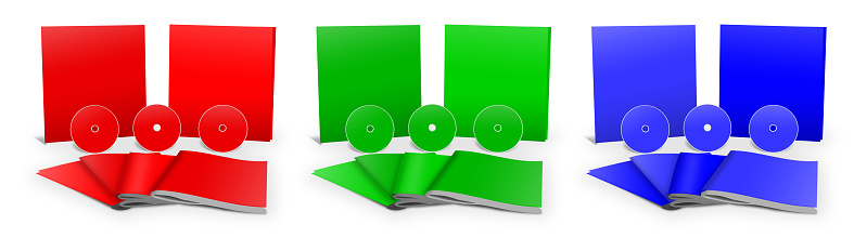 Three RGB Bundles blank template red, green and blue for presentation layouts and design. 3D rendering. Digitally Generated Image. Isolated on white background.