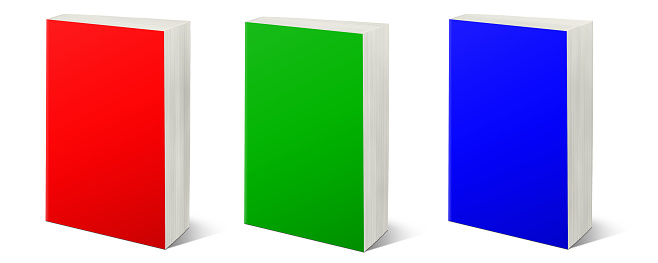 Three RGB Paperback books blank template red, green and blue for presentation layouts and design. 3D rendering. Digitally Generated Image. Isolated on white background.