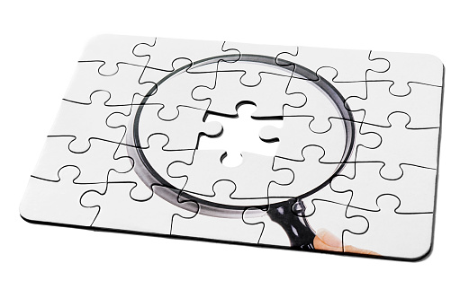 Jigsaw puzzle needs the final piece as a solution to a problem of searching or scrutiny.