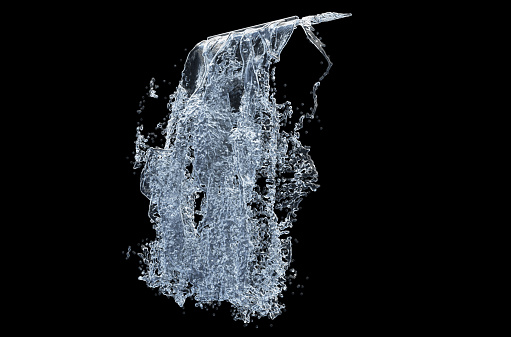 Waterfall with droplets on black background. 3d illustration.