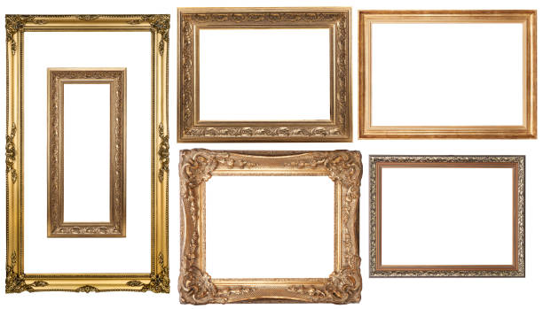 istock Set Classic Old Vintage Wooden mockup canvas frames isolated on white background. Blank Beautiful and diverse subject moulding baguette. Design element. use for framing paintings, mirrors or photo. 1421087165