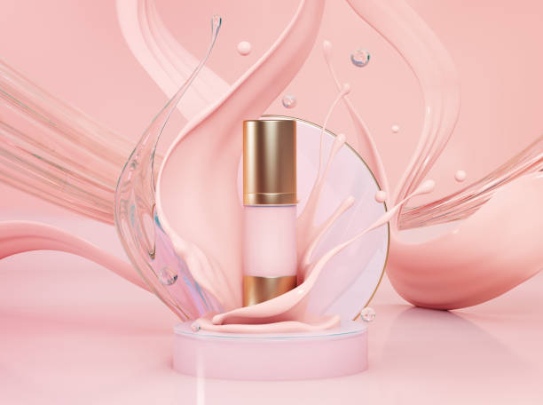 istock Pink make up liquid foundation cream cosmetics bottle on splashing cosmetic liquid, advertising. Moisturizing toner, Isolated, 3d rendering; 1421087556