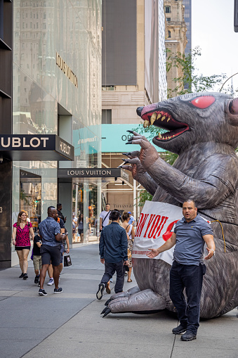 Manhattan, New York, NY, USA - July 12th 2022: A large inflatable rat used to mark a construction site employing not members of the unions