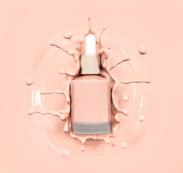 istock Blank cosmetics skincare product or packaging for mock up. Liquid makeup foundation bottle with cosmetic cream splash. Cosmetic product template. Dropper for branding in liquid splash. Blank label for branding. 3d rendering. 1421087783